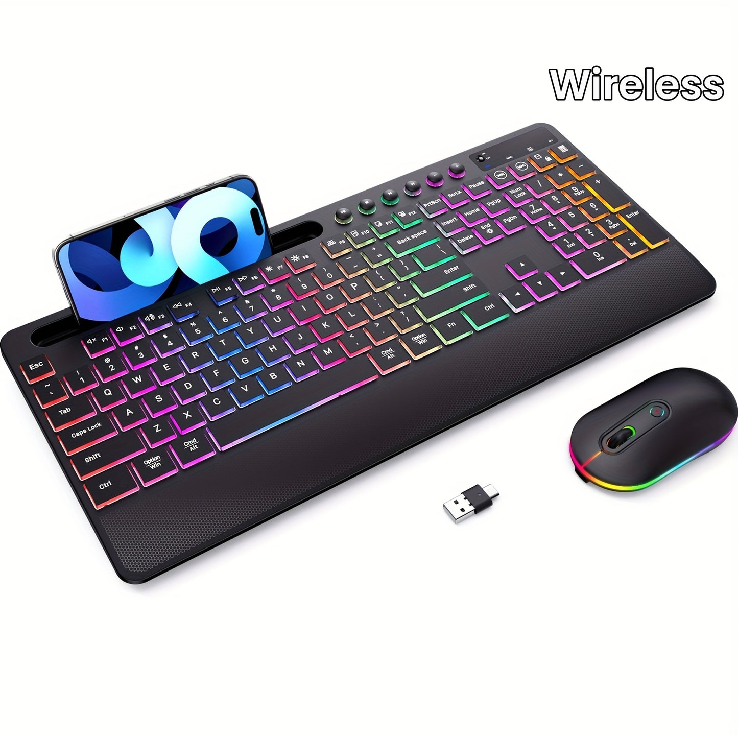 Wireless Keyboard And Mouse Backlit, 2.4GHz Lag-Free Rechargeable Keyboard Full-Size With Phone Holder Tablet Holder, Silent Ergonomic Wireless Keyboard Mouse Combo For Computer, PC, Laptop