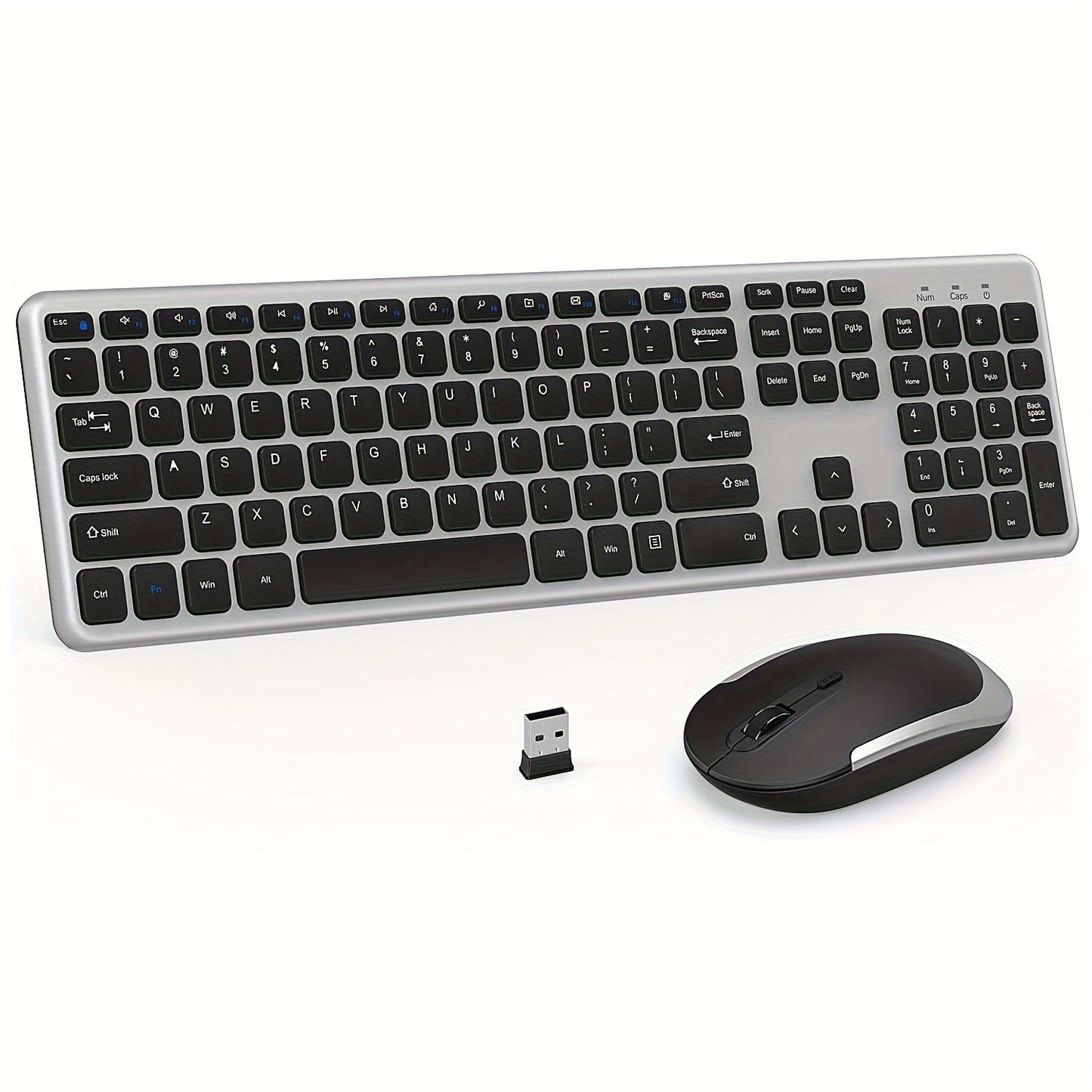 Wireless Keyboard And Mouse Combo, 2.4GHz Ultra Thin Full Size Wireless Keyboard Mouse Set For Laptop, PC, Desktop, Windows 7, 8, 10, Black And Silver