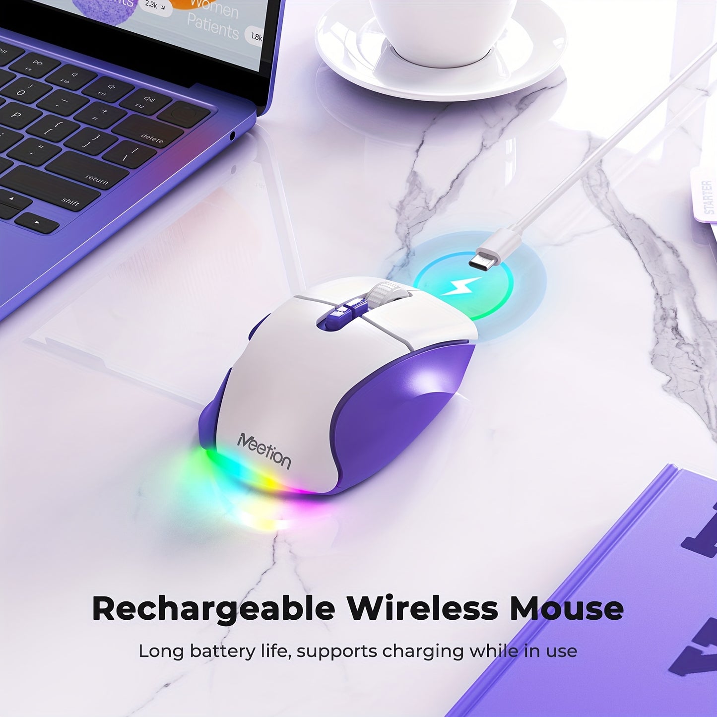 MEETION Wireless Mouse For Laptop, USB And BT Connectivity, Rechargeable, Ergonomic Mouse For Laptops, IPad, Compatible With Windows, MacOS, Android, IOS, Purple White