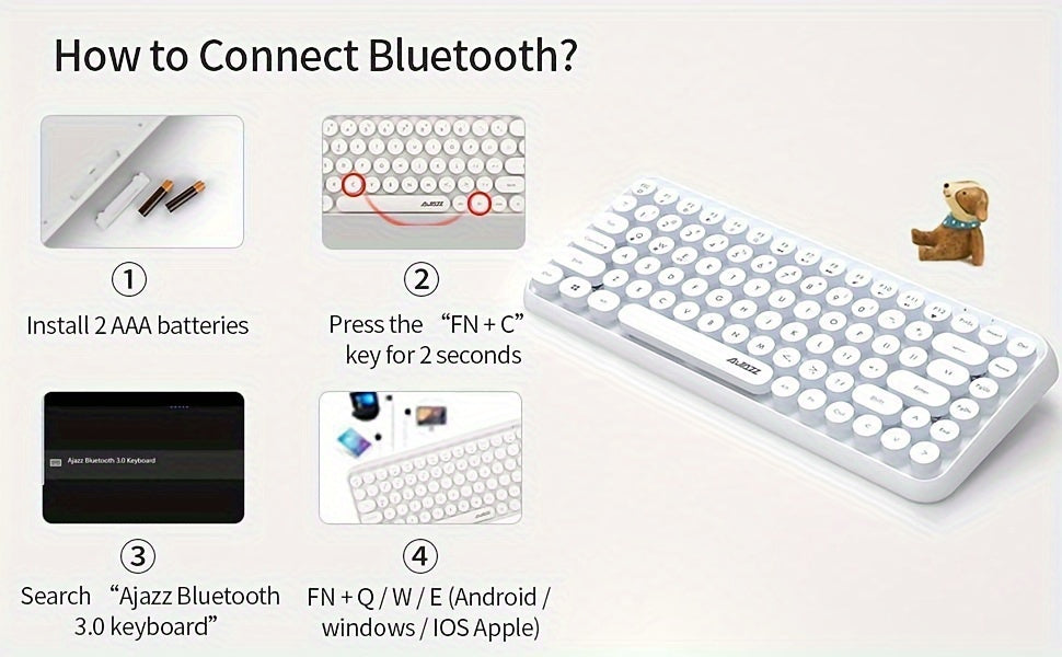 AJAZZ NACODEX 84 Keys Pink Wireless Keyboard With Cute Retro Round Keycaps, Comfortable Ergonomic Typewriter Keyboard Compatible With Android Windows IOS Suitable For Home And Office Keyboards