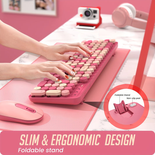 [Rose Pink Wireless Keyboard Combo] Rose Pink Christmas Gift: Wireless Keyboard and Mouse Combo - Silent Full-Sized Colorful Typewriter Keyboard with Round Keycaps, 2.4G Cute Mouse for Pc/Laptop/Computer