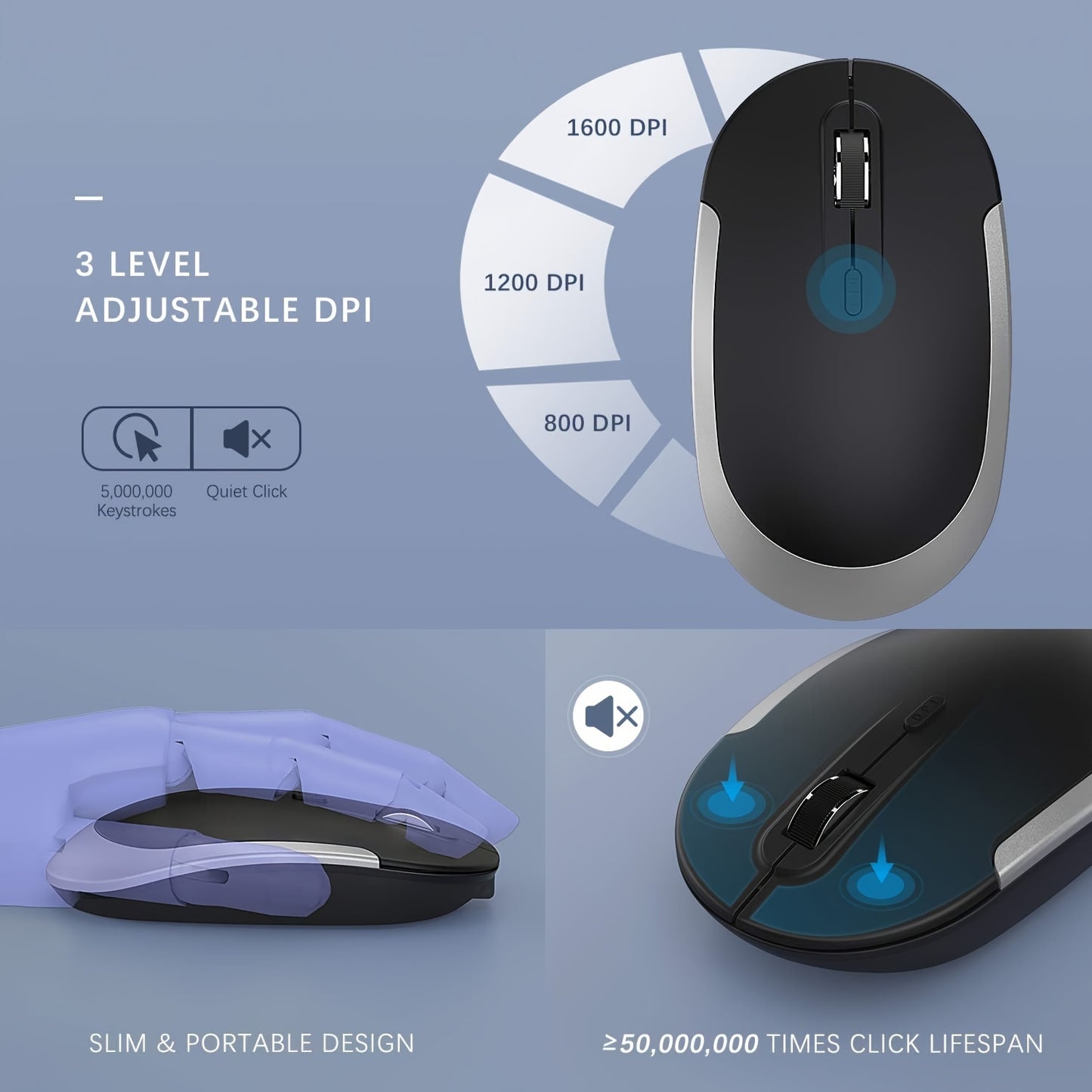 Wireless Keyboard And Mouse Combo, 2.4GHz Ultra Thin Full Size Wireless Keyboard Mouse Set For Laptop, PC, Desktop, Windows 7, 8, 10, Black And Silver