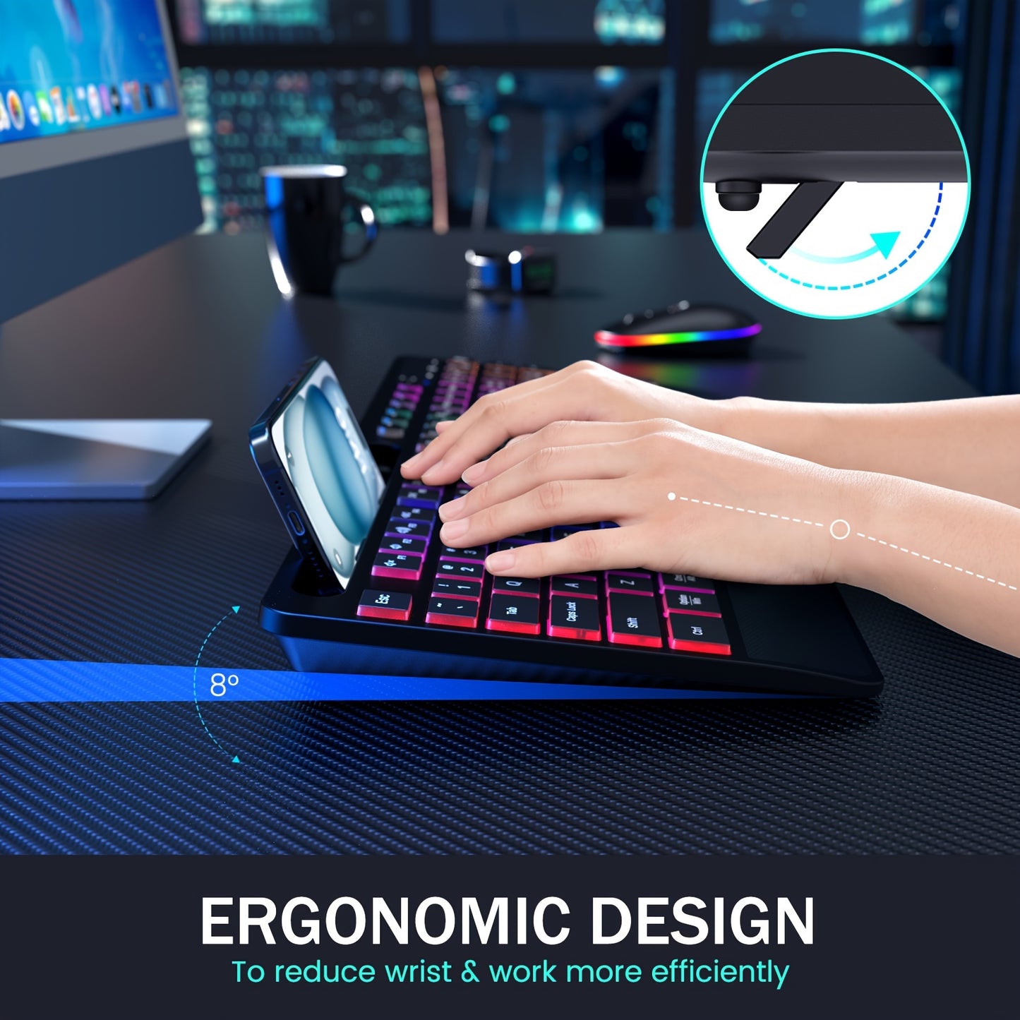 Wireless Keyboard And Mouse Backlit, 2.4GHz Lag-Free Rechargeable Keyboard Full-Size With Phone Holder Tablet Holder, Silent Ergonomic Wireless Keyboard Mouse Combo For Computer, PC, Laptop