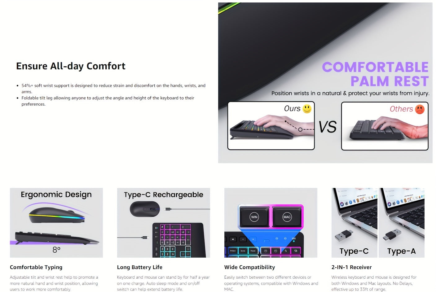 Wireless Keyboard and Mouse RGB Backlit- 2.4G Rechargeable Keyboard Full-Size with Phone/Tablet Holder, Silent Ergonomic Wireless Keyboard Mouse Combo for Computer, PC, Laptop