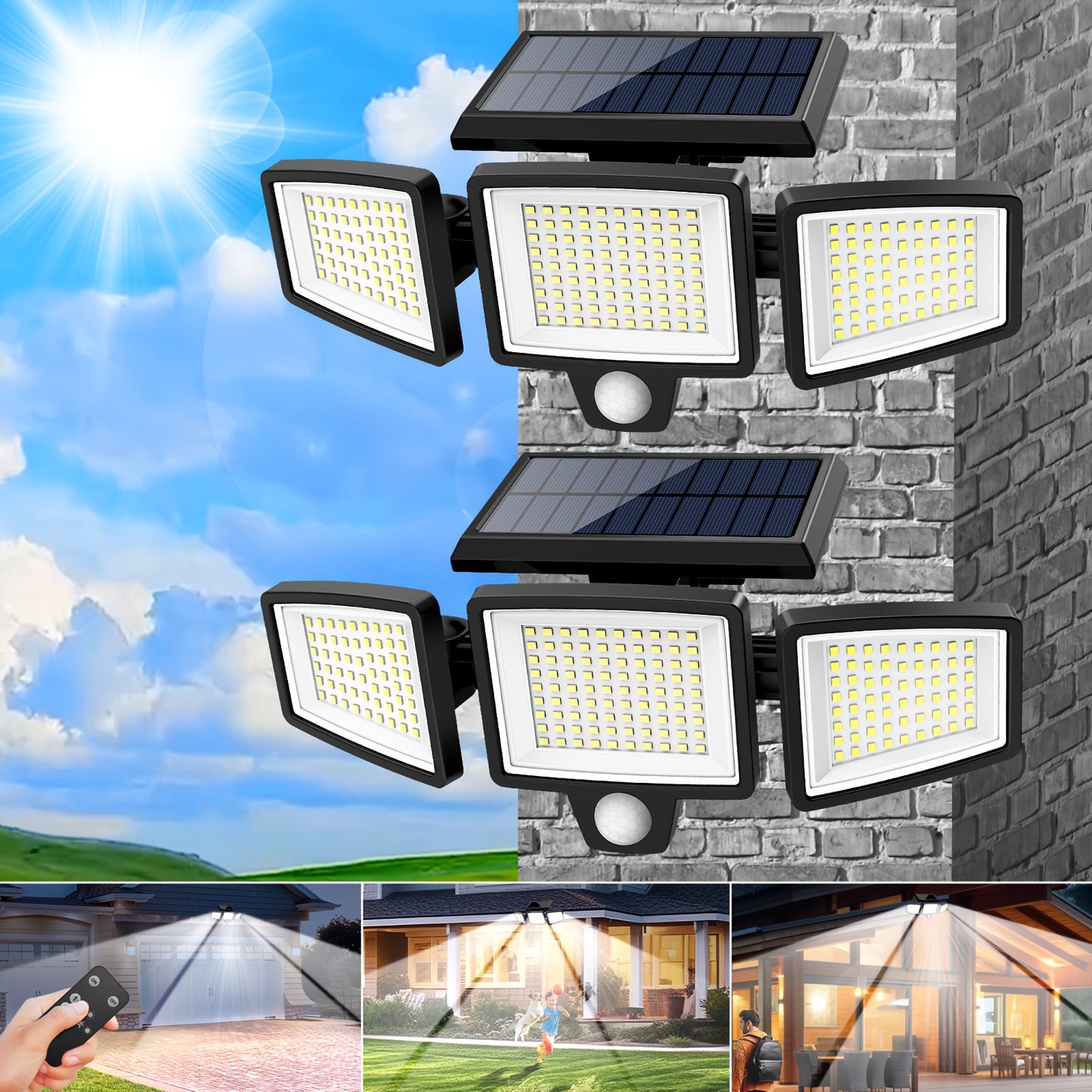 1/2/3pcs Solar Outdoor Lights, 2500 Lumens 210 LED Safety Lights, Waterproof, with Remote Control, 3-head Motion Sensor Lights, 270° Wide Angle Flood Wall Lights, 3 Modes, Suitable for Courtyard, Fence, Porch, Garage