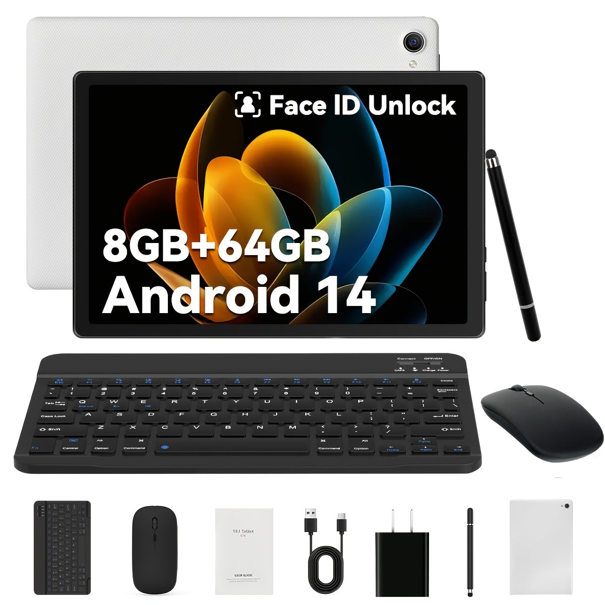 MAYPUG Multi-Function 2-in-1 Tablet with Wireless Keyboard, for Android 14, Octa-core, 10-inch Screen, 8GB (3+5) for RAM, 64GB ROM, Expandable Up to 1TB, WiFi 6, 5MP + 8MP Camera, 1280*800 HD, 5000mAh, with Wireless Keyboard,