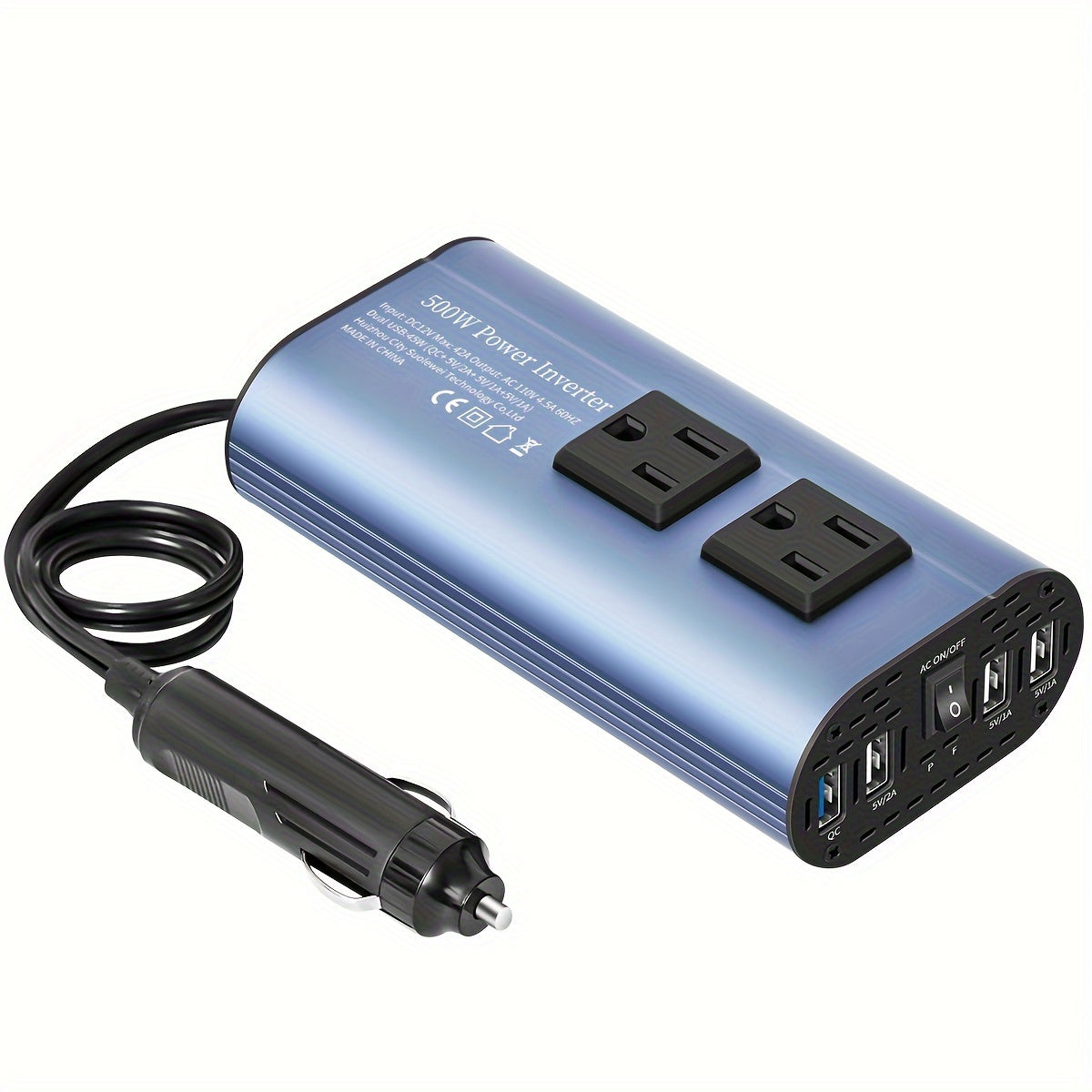 [500W Peak Power] 500W Car Power Inverter Converter - DC 12V to AC 110V, LCD Display, Dual AC Outlets, 4 USB Car Chargers - For Cars, Homes, Laptops, Trucks