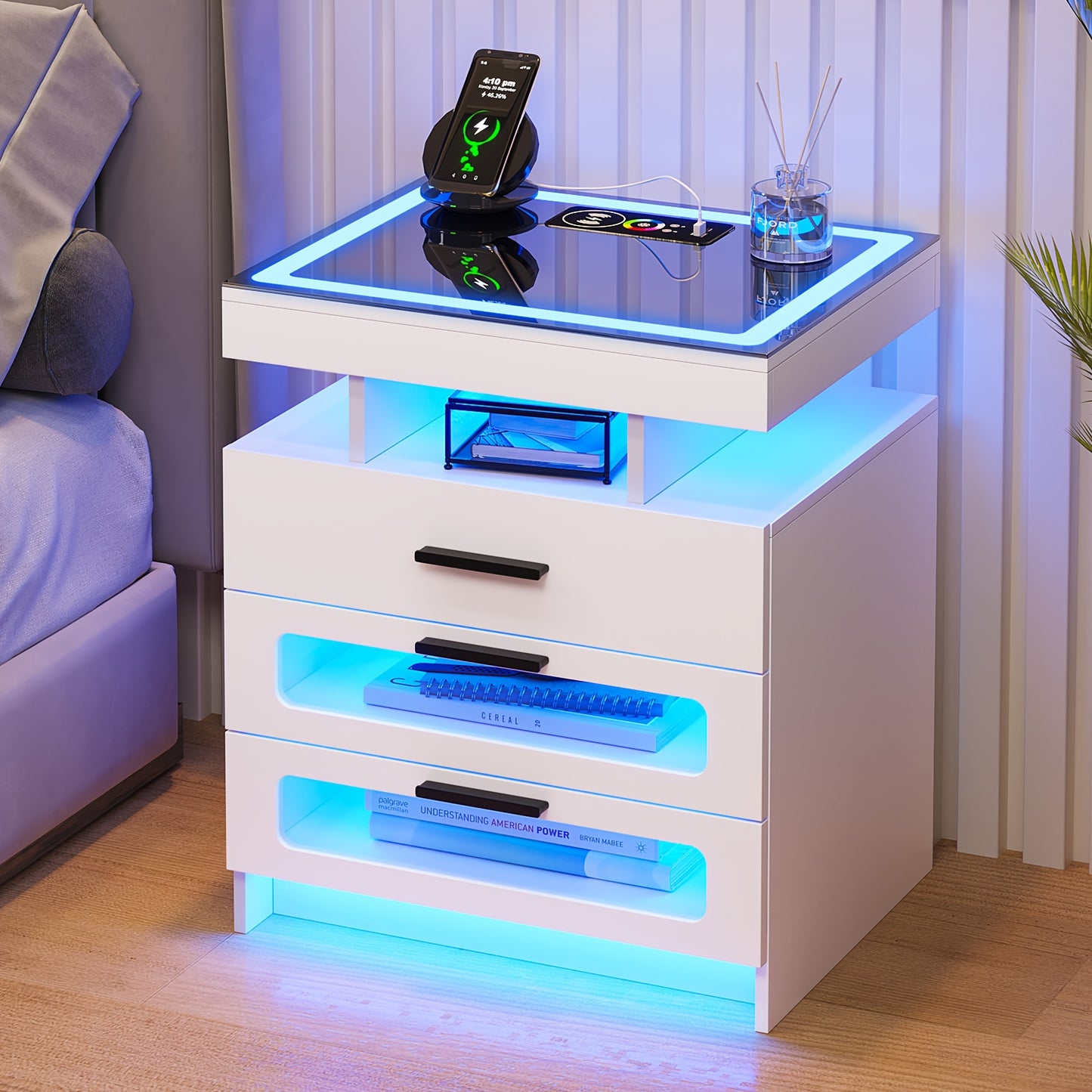 HNEBC Smart Nightstand With Charging Station, Bedside Table With 2 Drawers & One Jewelry Storage, RGB LED Night Stand With Motion Sensor Lights, Side Table With Glass Top/Remote Control