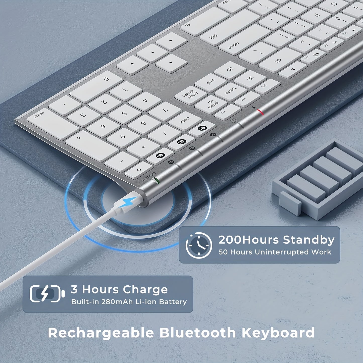 BT Keyboard for Mac- Rechargeable Full Size Keyboard for THREE Devices, Slim Quiet Keyboard with Numeric Keypad Compatible for MacBook Pro/Air, IMac, for iPhone, for iPad Pro/Air/Mini
