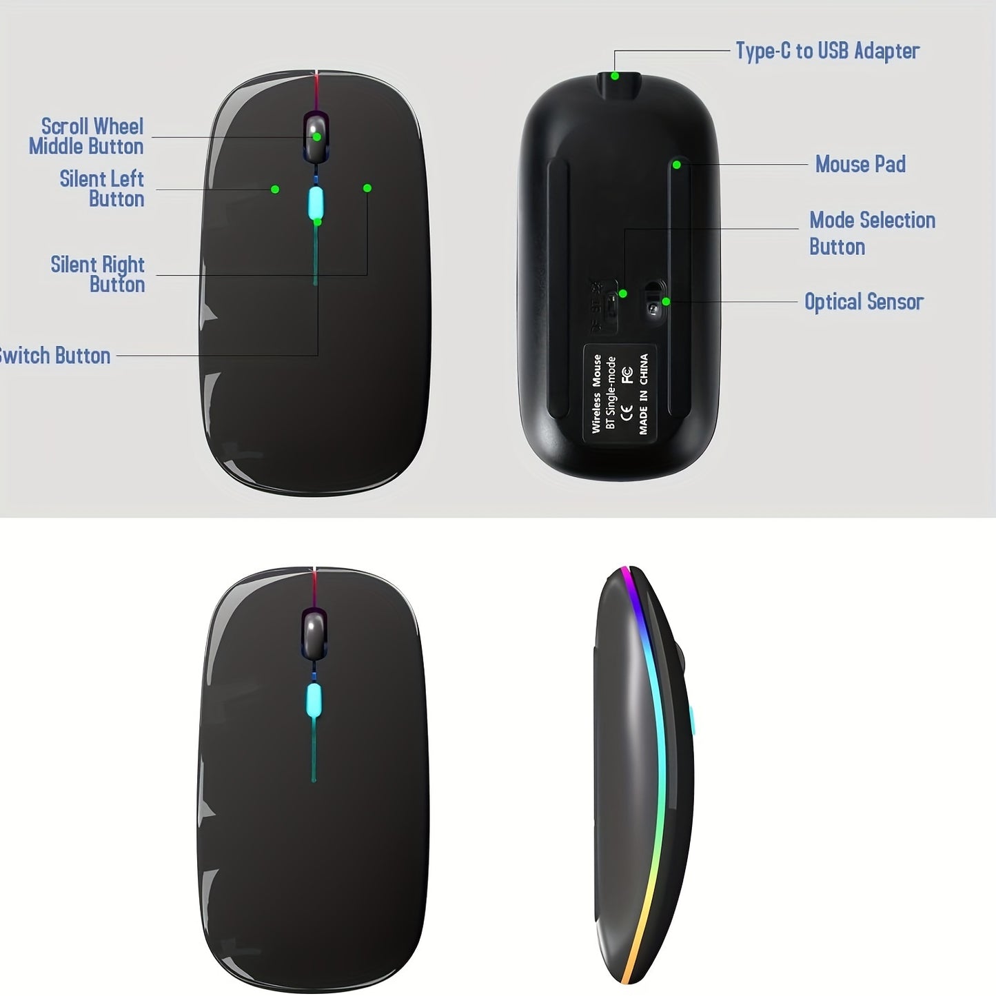 Ergonomic Wireless Mouse with RGB Lighting - Dual Mode 2.4G/5.0G - Portable USB Receiver - Compatible with PC, Laptop, Tablet - Curved Design for Comfortable Use - 400mAh Rechargeable Battery