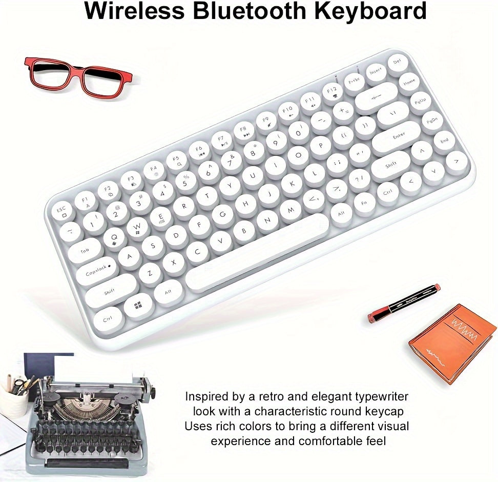 AJAZZ NACODEX 84 Keys Pink Wireless Keyboard With Cute Retro Round Keycaps, Comfortable Ergonomic Typewriter Keyboard Compatible With Android Windows IOS Suitable For Home And Office Keyboards