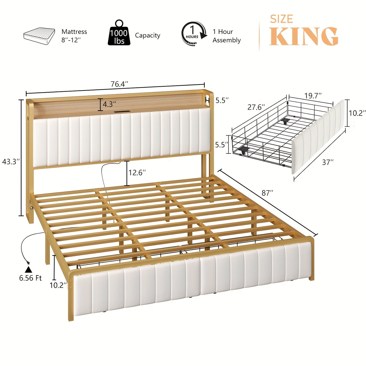 PaPaJet Bed Frame with Motion Sensor Lights and Integrated Drawer Velvet Platform Bed, Storage Headboard/Charging Station/Noiseless/Easy to Assemble