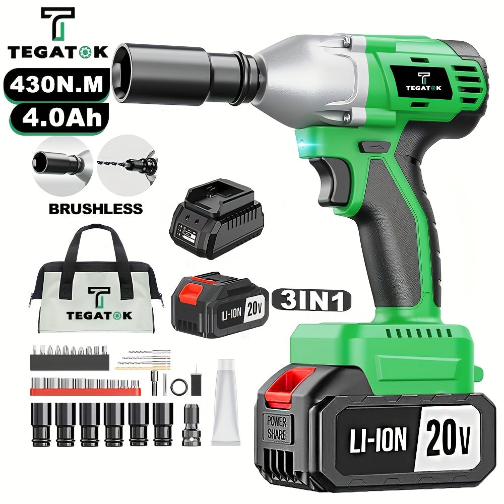 Tegatok Cordless Impact Wrench | 430N.m Brushless Motor | 2400 RPM | 4000mAh Li-ion Battery | Fast Charger | Multi-Size Sockets & Accessories | Reversible Auto-Stop | Ergonomic Design | Ideal for Home & Car Use