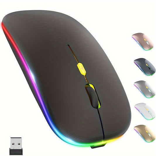 Ultra-Slim Wireless Mouse with LED Lighting - Dual Mode Rechargeable, Silent Operation, Portable Wireless 5.2+USB Receiver for Laptops, Desktops & Tablets