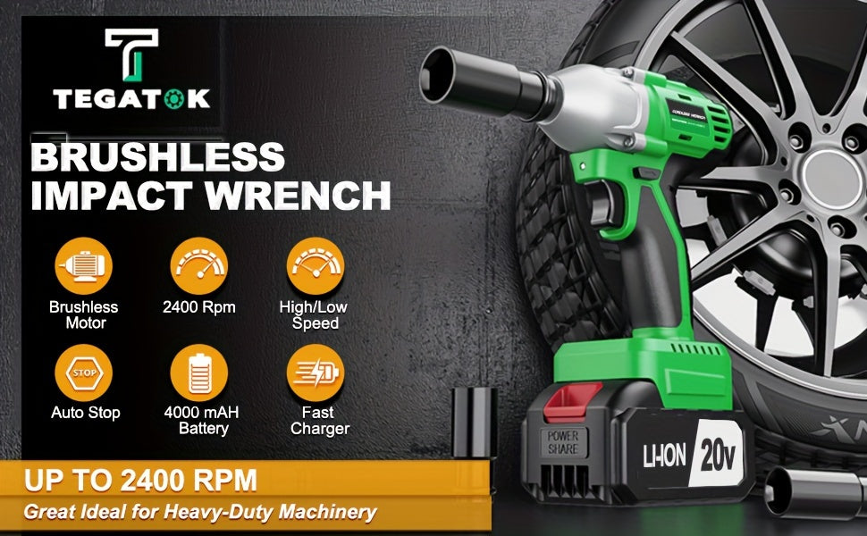 Tegatok Cordless Impact Wrench | 430N.m Brushless Motor | 2400 RPM | 4000mAh Li-ion Battery | Fast Charger | Multi-Size Sockets & Accessories | Reversible Auto-Stop | Ergonomic Design | Ideal for Home & Car Use