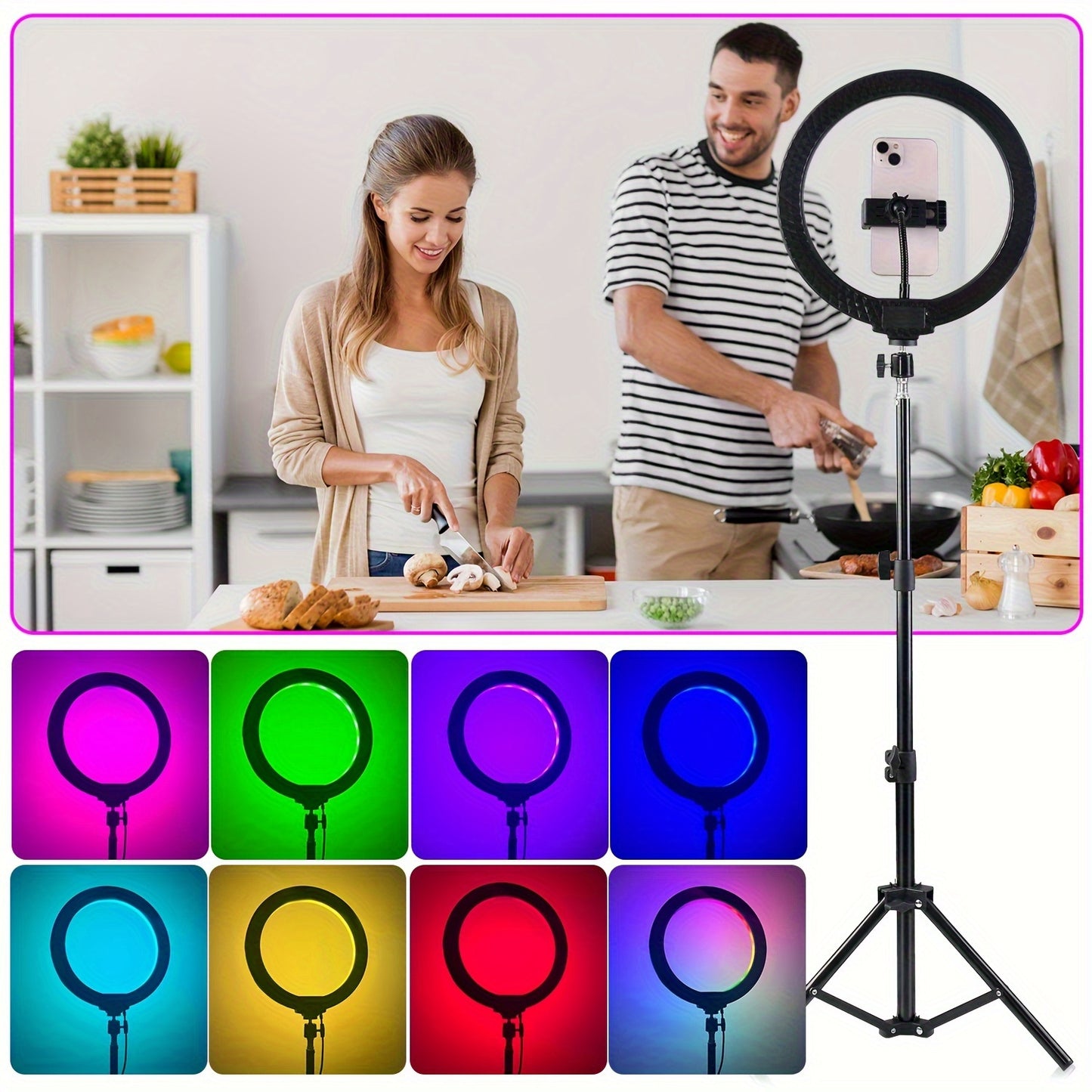 10" Ring Light and Adjustable Stand With 2 Phone Holders - 38 Vibrant Color Modes with Stepless Dimming/Speed Control - Perfect for Makeup, Photography, and Live Streams