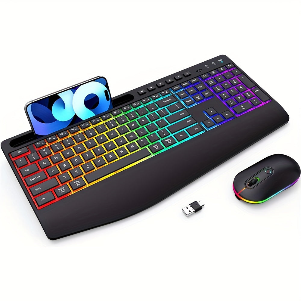 Wireless Keyboard and Mouse RGB Backlit- 2.4G Rechargeable Keyboard Full-Size with Phone/Tablet Holder, Silent Ergonomic Wireless Keyboard Mouse Combo for Computer, PC, Laptop