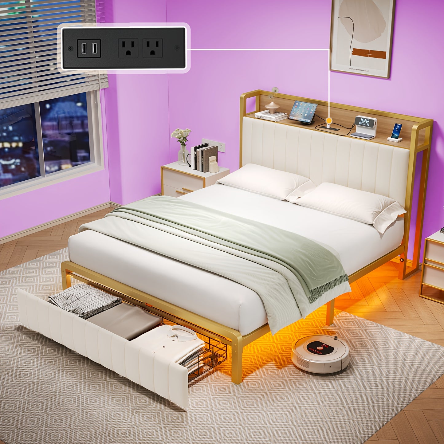 PaPaJet Bed Frame with Motion Sensor Lights and Integrated Drawer Velvet Platform Bed, Storage Headboard/Charging Station/Noiseless/Easy to Assemble