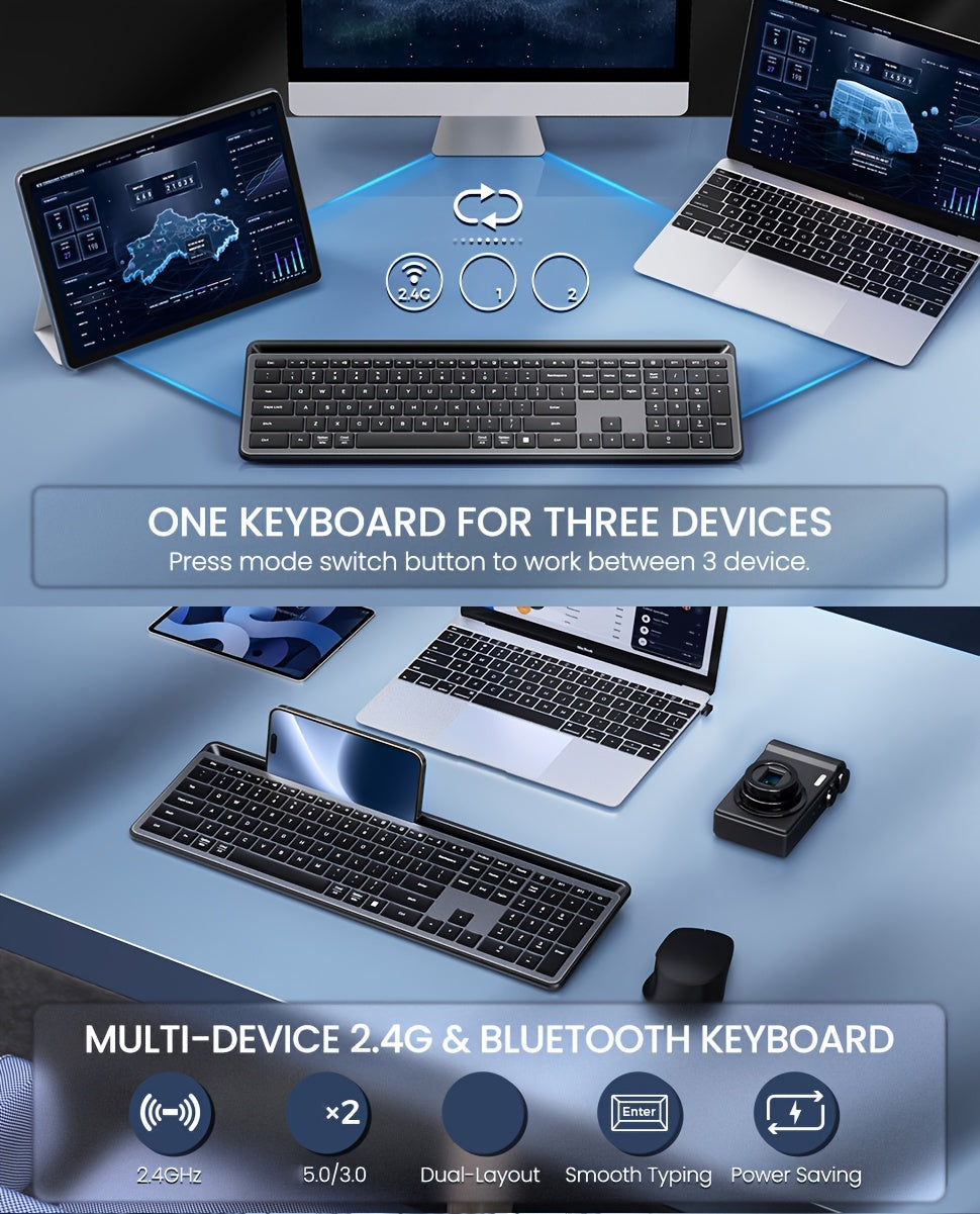 Wireless Keyboard, Multi-Device 2.4G/Wireless Keyboard Ultra-Slim Full Size Computer Keyboard With Numeric Pad, Pad Keyboard With Tablet Holder, Quiet USB Keyboard For iPad, iPhone, Laptop, PC, Mac, Black