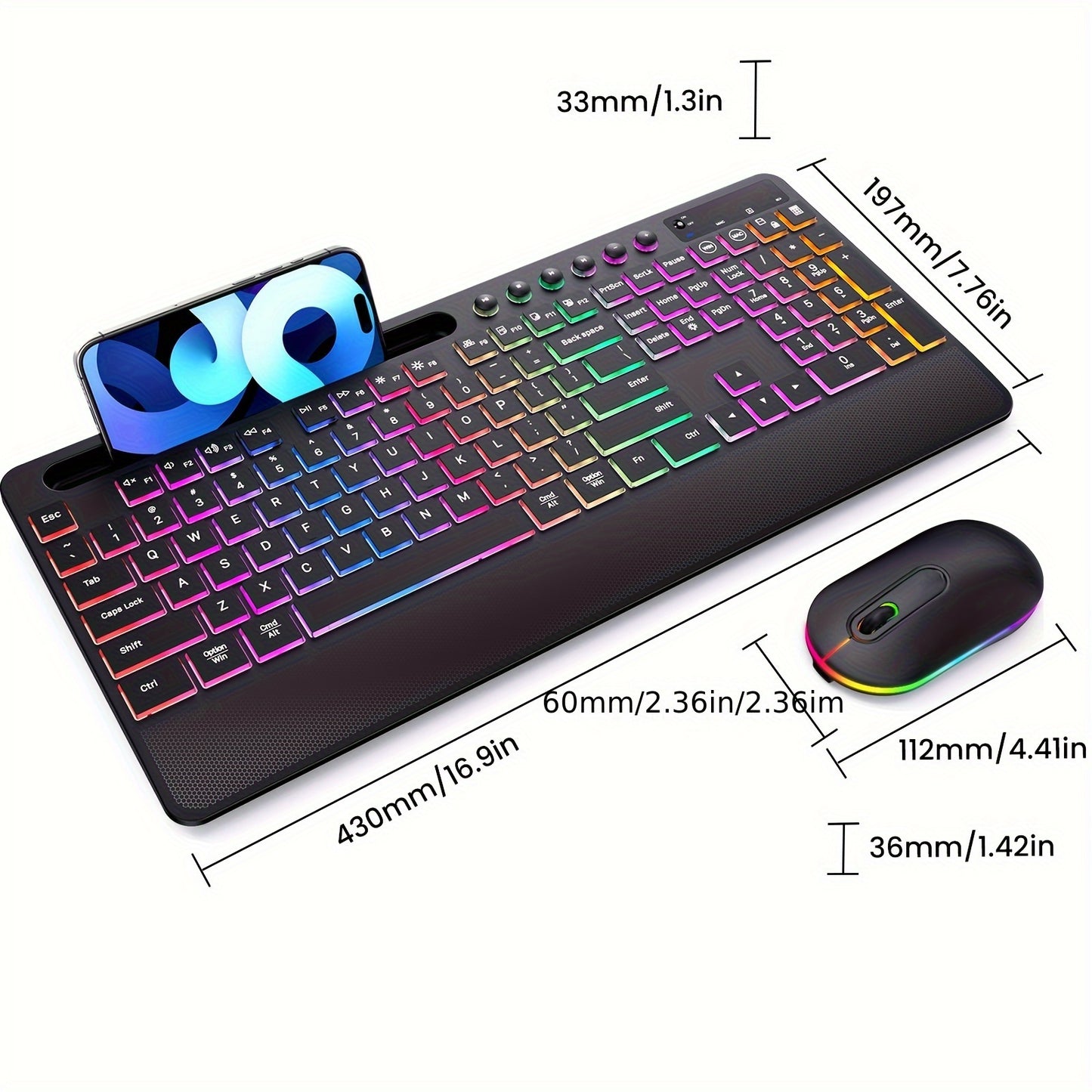 Wireless Keyboard And Mouse Backlit, 2.4GHz Lag-Free Rechargeable Keyboard Full-Size With Phone Holder Tablet Holder, Silent Ergonomic Wireless Keyboard Mouse Combo For Computer, PC, Laptop