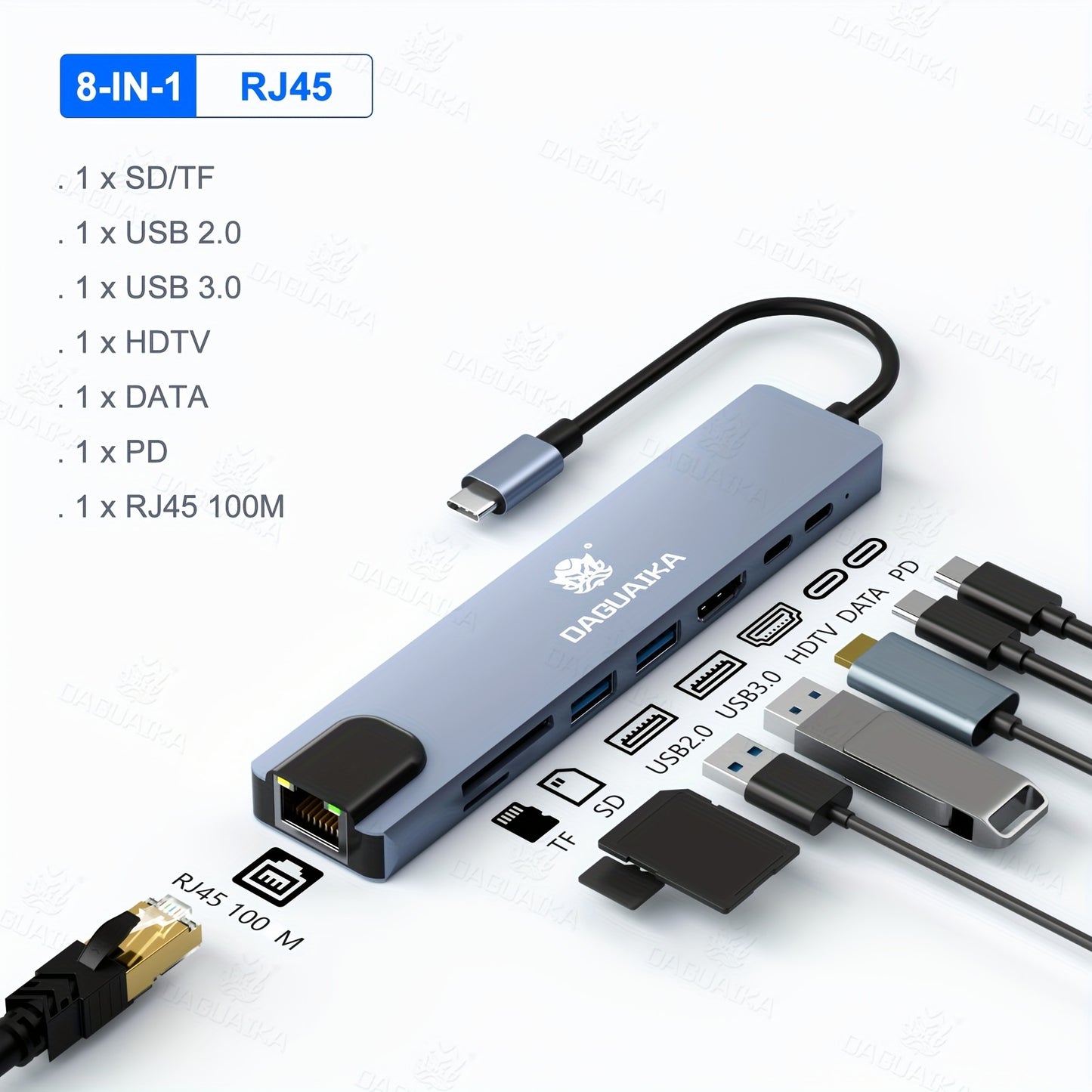 8 in 1 USB C Hub Type C to 4K HDTV Adapter with 100M RJ45 SD/TF Card Reader Fast Charger for MacBook Notebook Windows Laptop Computer