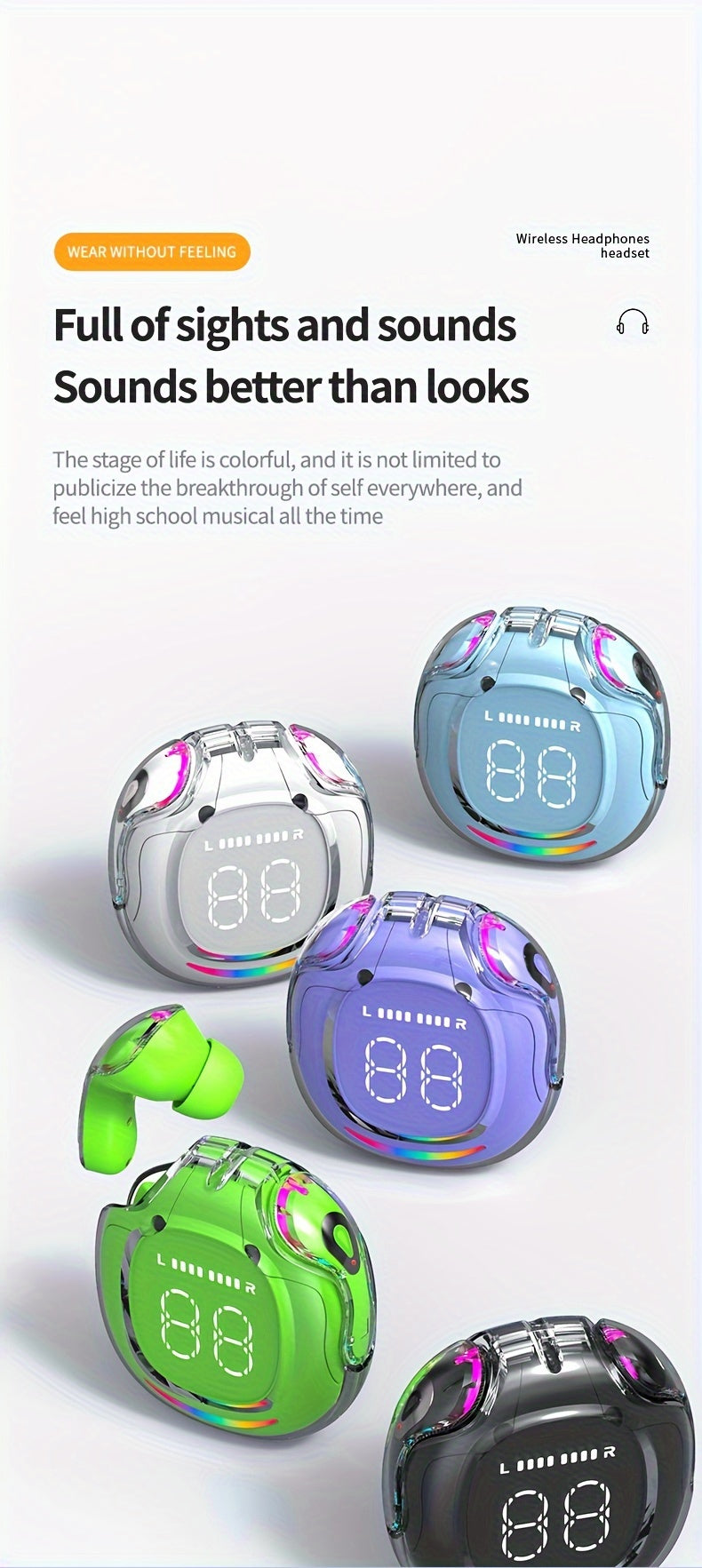 Wireless 5.4 Wireless Earbuds Built-in Ambient Lighting Sports Gaming Headset Bass Touch Control Headset Digital Display