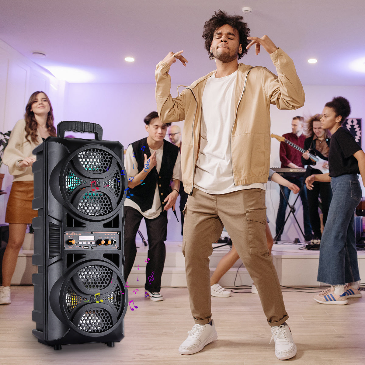 Portable Wireless PA Speaker, Bluetooth Speakers Loud Sound Powerful Subwoofer System, Support AUX USB FM Wired Microphone Audio Input, Built-in Rechargeable Battery Speaker with LED Light, Wired Microphone and Remote Control