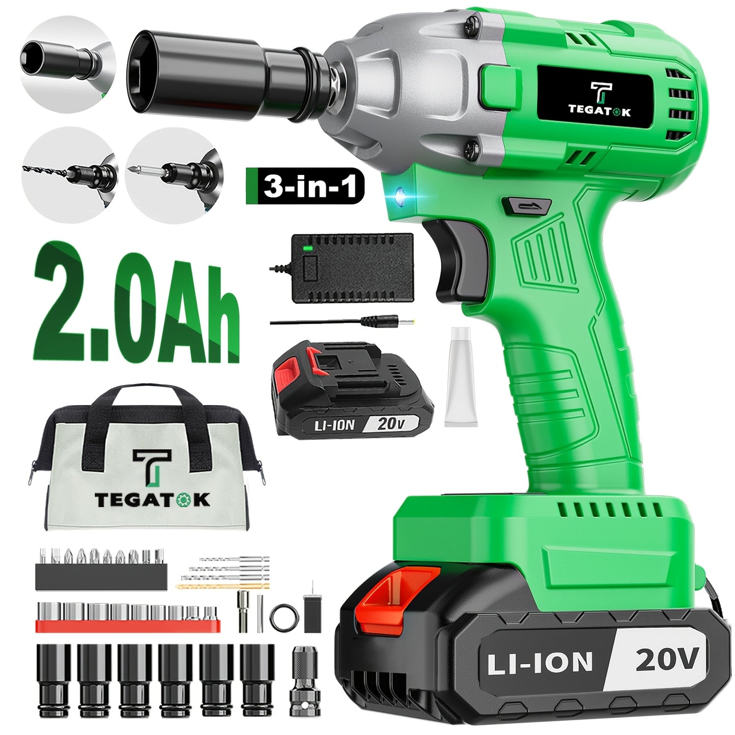 Tegatok Cordless Impact Wrench | 430N.m Brushless Motor | 2400 RPM | 4000mAh Li-ion Battery | Fast Charger | Multi-Size Sockets & Accessories | Reversible Auto-Stop | Ergonomic Design | Ideal for Home & Car Use