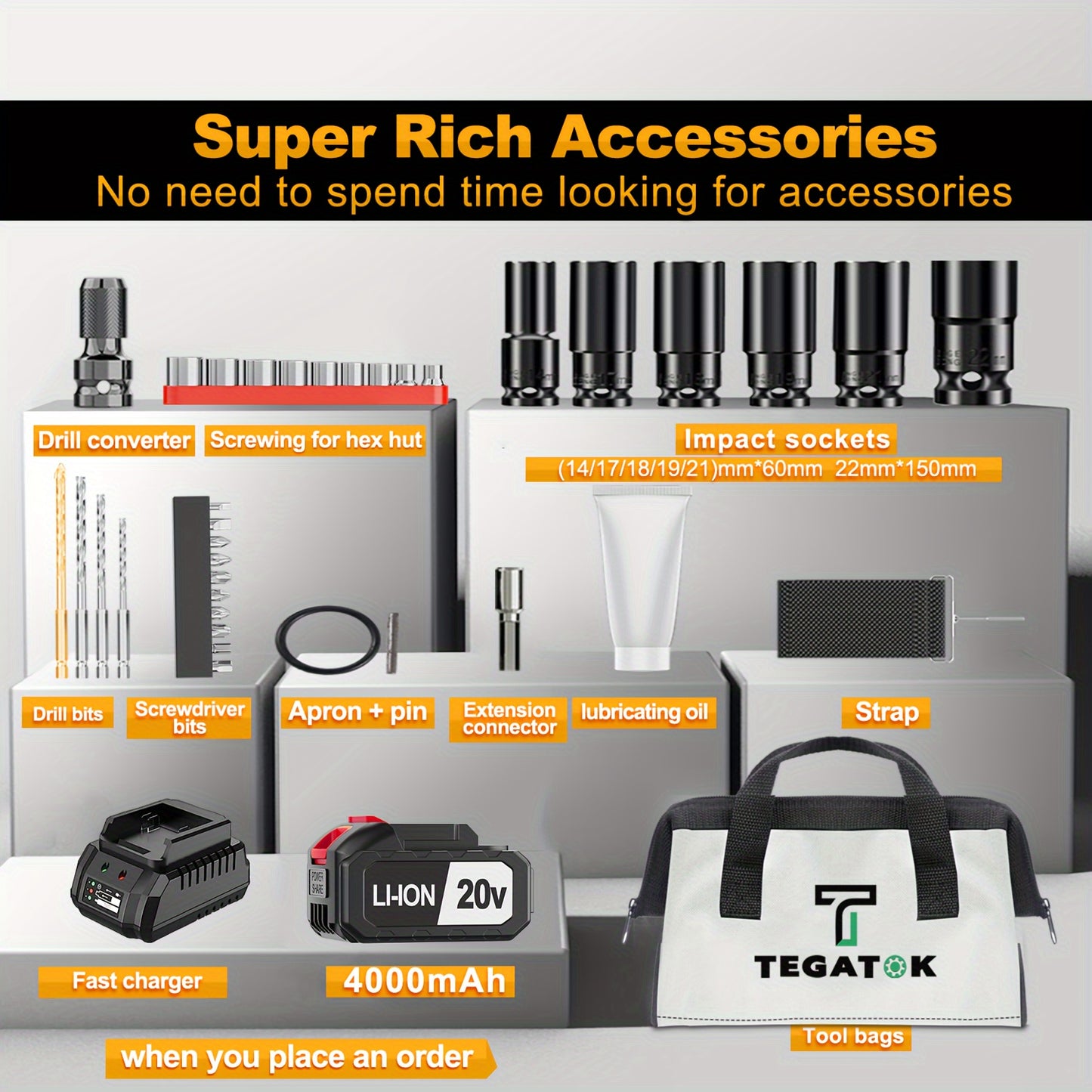 Tegatok Cordless Impact Wrench | 430N.m Brushless Motor | 2400 RPM | 4000mAh Li-ion Battery | Fast Charger | Multi-Size Sockets & Accessories | Reversible Auto-Stop | Ergonomic Design | Ideal for Home & Car Use