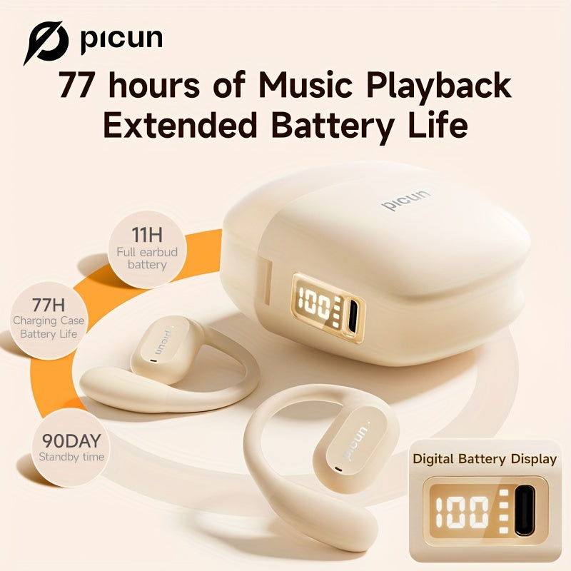 Picun H1 Ultra-Lightweight Wireless Earbuds - True Open Ear Design for Unmatched Comfort - HD Sound with CVC Noise Cancellation - LED Power Display & Touch Control - Perfect for Running, Cycling, and Workouts