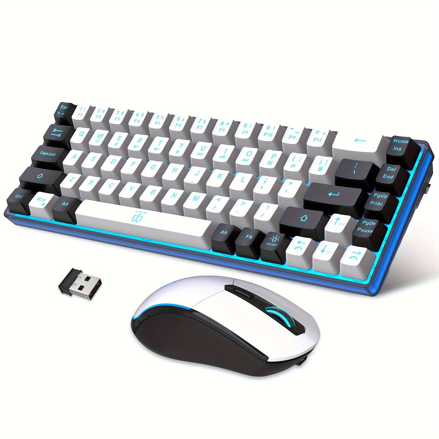 Snpurdiri 60% Wireless Gaming Keyboard and Mouse Combo, Ice Blue Backlit, Rechargeable 2000mAh Battery, Compact Anti-Ghosting Design, Includes RGB Mice for PC & Laptop - White & Black, Gaming Accessories | Compact Keyboard La