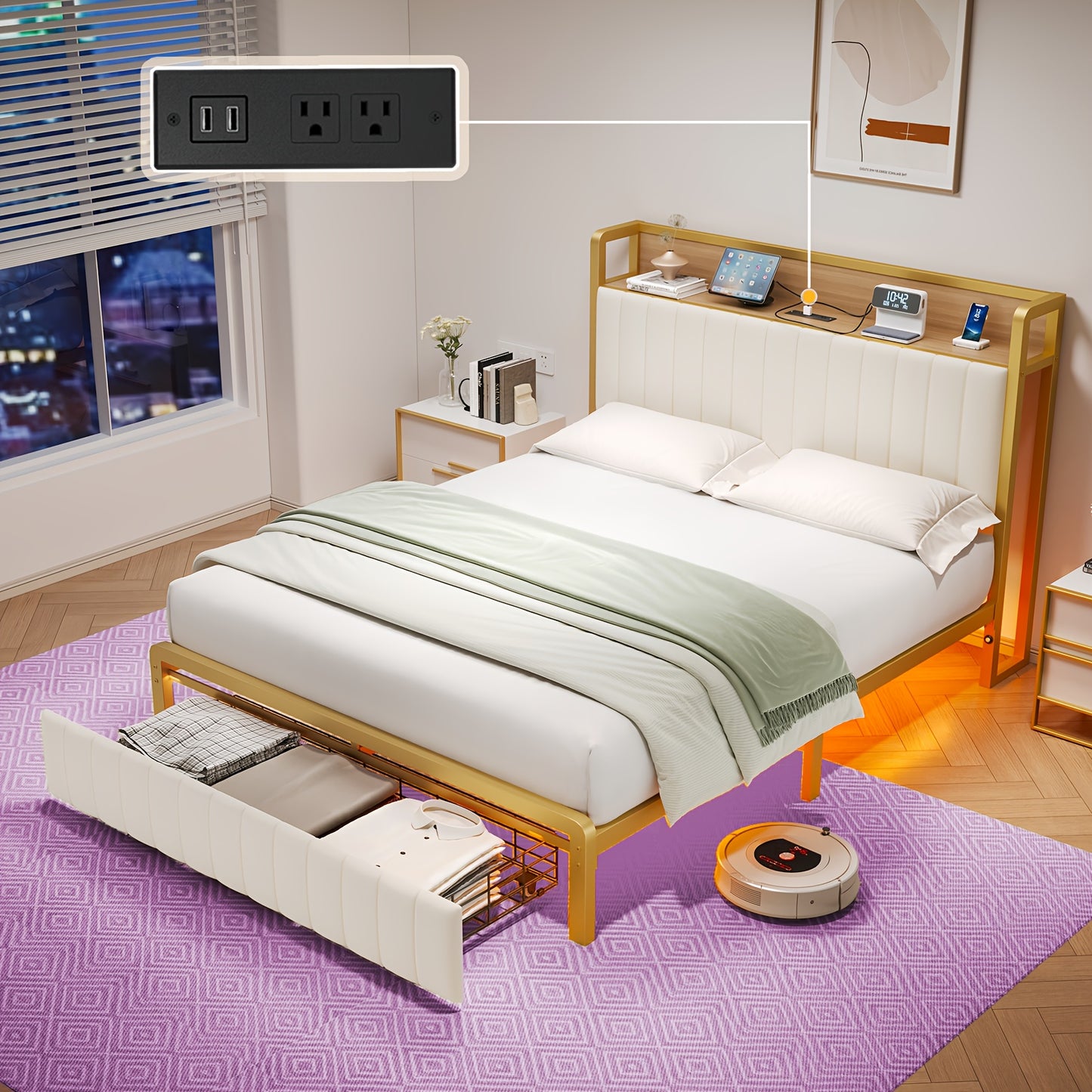 PaPaJet Bed Frame with Motion Sensor Lights and Integrated Drawer Velvet Platform Bed, Storage Headboard/Charging Station/Noiseless/Easy to Assemble