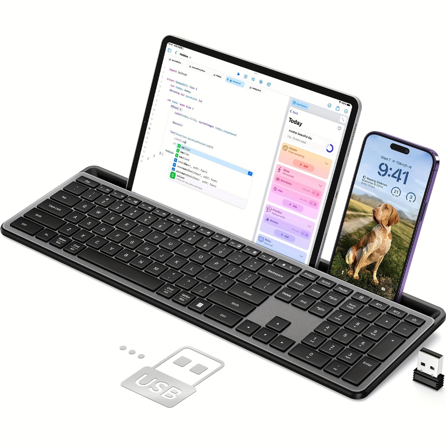 Wireless Keyboard, Multi-Device 2.4G/Wireless Keyboard Ultra-Slim Full Size Computer Keyboard With Numeric Pad, Pad Keyboard With Tablet Holder, Quiet USB Keyboard For iPad, iPhone, Laptop, PC, Mac, Black