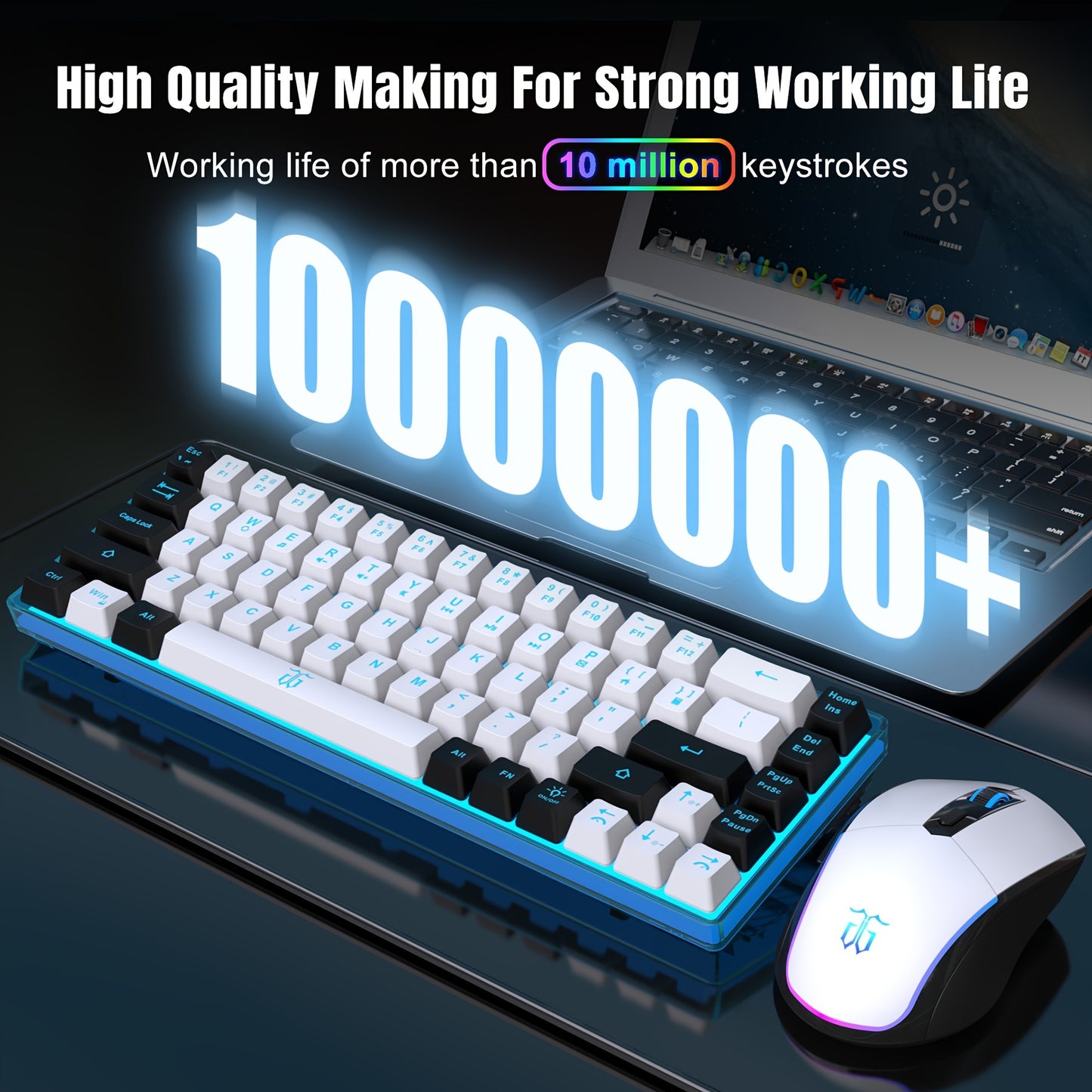 Snpurdiri 60% Wireless Gaming Keyboard and Mouse Combo, Ice Blue Backlit, Rechargeable 2000mAh Battery, Compact Anti-Ghosting Design, Includes RGB Mice for PC & Laptop - White & Black, Gaming Accessories | Compact Keyboard La