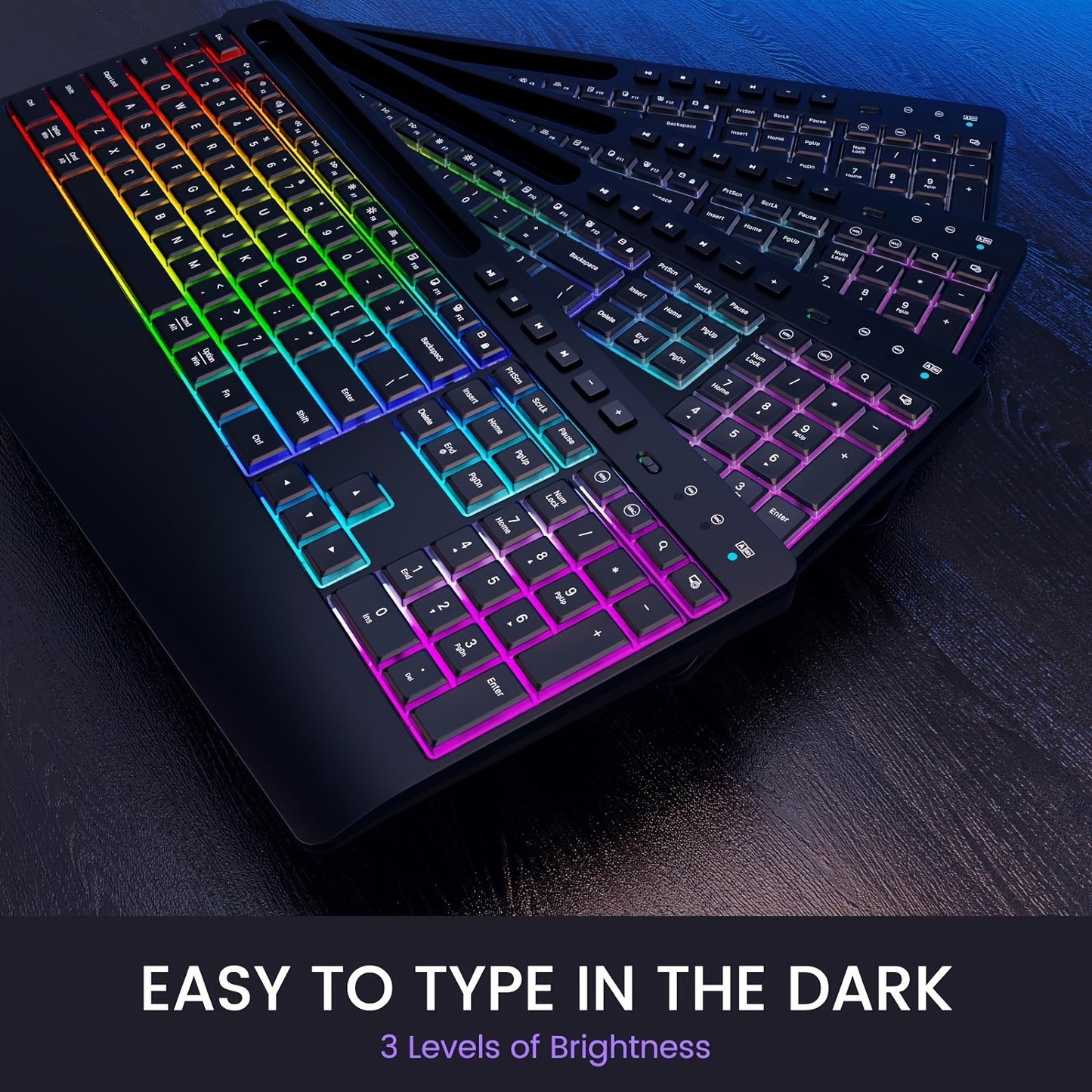 Wireless Keyboard And Mouse RGB Backlit- 2.4G Rechargeable Keyboard Full-Size with Phone/Tablet Holder, Silent Ergonomic Wireless Keyboard Mouse Combo for Computer, PC, Laptop for New Year Gift