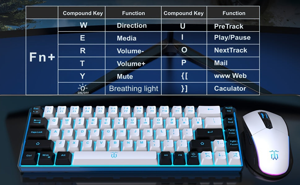 Snpurdiri 60% Wireless Gaming Keyboard and Mouse Combo, Ice Blue Backlit, Rechargeable 2000mAh Battery, Compact Anti-Ghosting Design, Includes RGB Mice for PC & Laptop - White & Black, Gaming Accessories | Compact Keyboard La