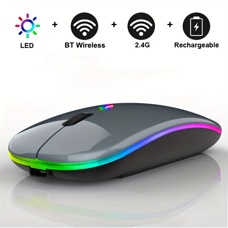 Ultra-Slim Wireless Mouse with LED Lighting - Dual Mode Rechargeable, Silent Operation, Portable Wireless 5.2+USB Receiver for Laptops, Desktops & Tablets