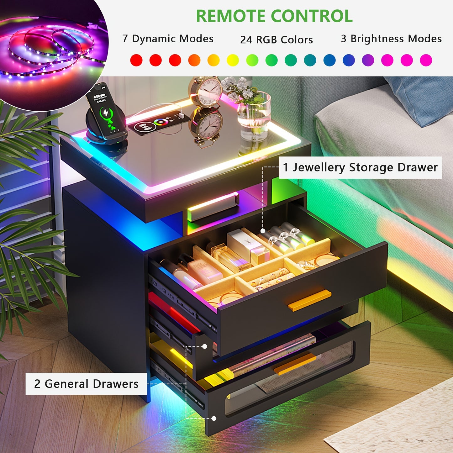 HNEBC Smart Nightstand With Charging Station, Bedside Table With 2 Drawers & One Jewelry Storage, RGB LED Night Stand With Motion Sensor Lights, Side Table With Glass Top/Remote Control