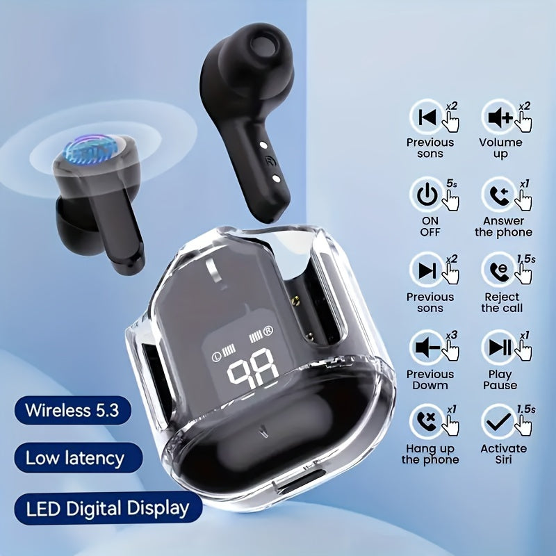 Wireless Earbuds with LED Digital Display and USB-C Charging Case, Touch Control In-Ear Headphones with Noise Cancelling Voice Call, Low Latency, Easy Pairing, Open-Back Earcups, Non-Waterproof Plastic Build, Compatible with