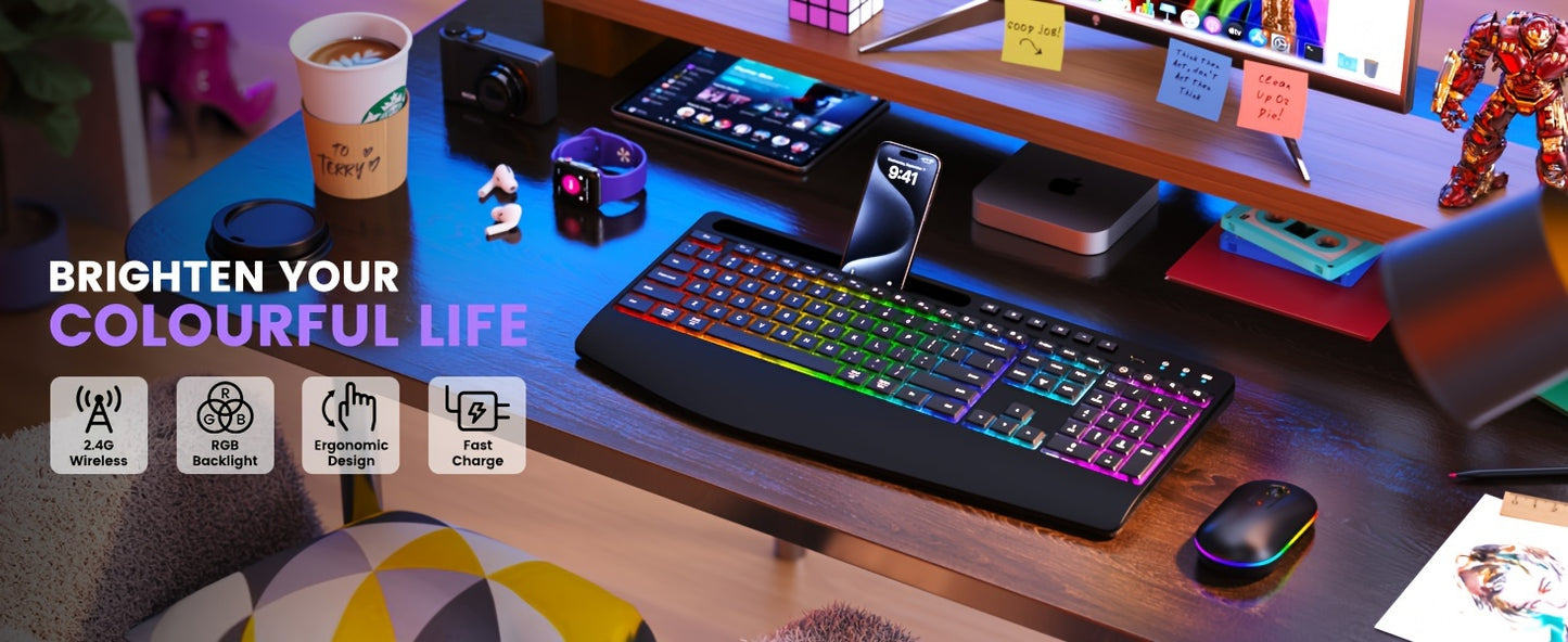 Wireless Keyboard and Mouse RGB Backlit- 2.4G Rechargeable Keyboard Full-Size with Phone/Tablet Holder, Silent Ergonomic Wireless Keyboard Mouse Combo for Computer, PC, Laptop