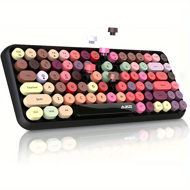 AJAZZ NACODEX 84 Keys Pink Wireless Keyboard With Cute Retro Round Keycaps, Comfortable Ergonomic Typewriter Keyboard Compatible With Android Windows IOS Suitable For Home And Office Keyboards