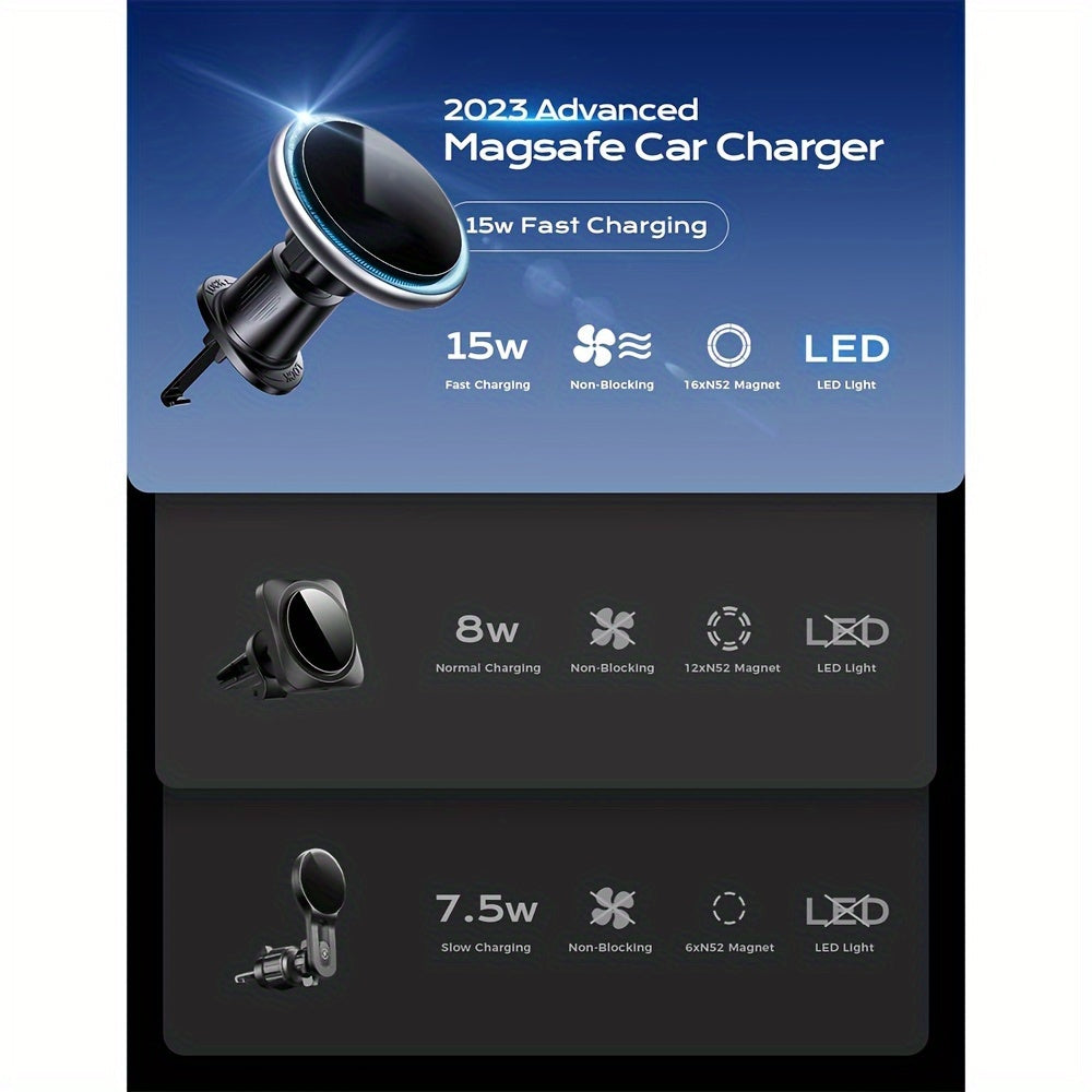 Car Mount Charger, 15W Fast Charging LED Magnetic Wireless Car Charger, Air Vent Phone Holders for Your Car Car Phone Holder for iPhone 15/14/13/12 Fast Charging Case
