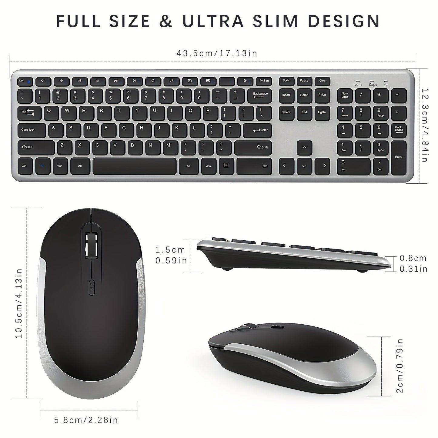 Wireless Keyboard And Mouse Combo, 2.4GHz Ultra Thin Full Size Wireless Keyboard Mouse Set For Laptop, PC, Desktop, Windows 7, 8, 10, Black And Silver