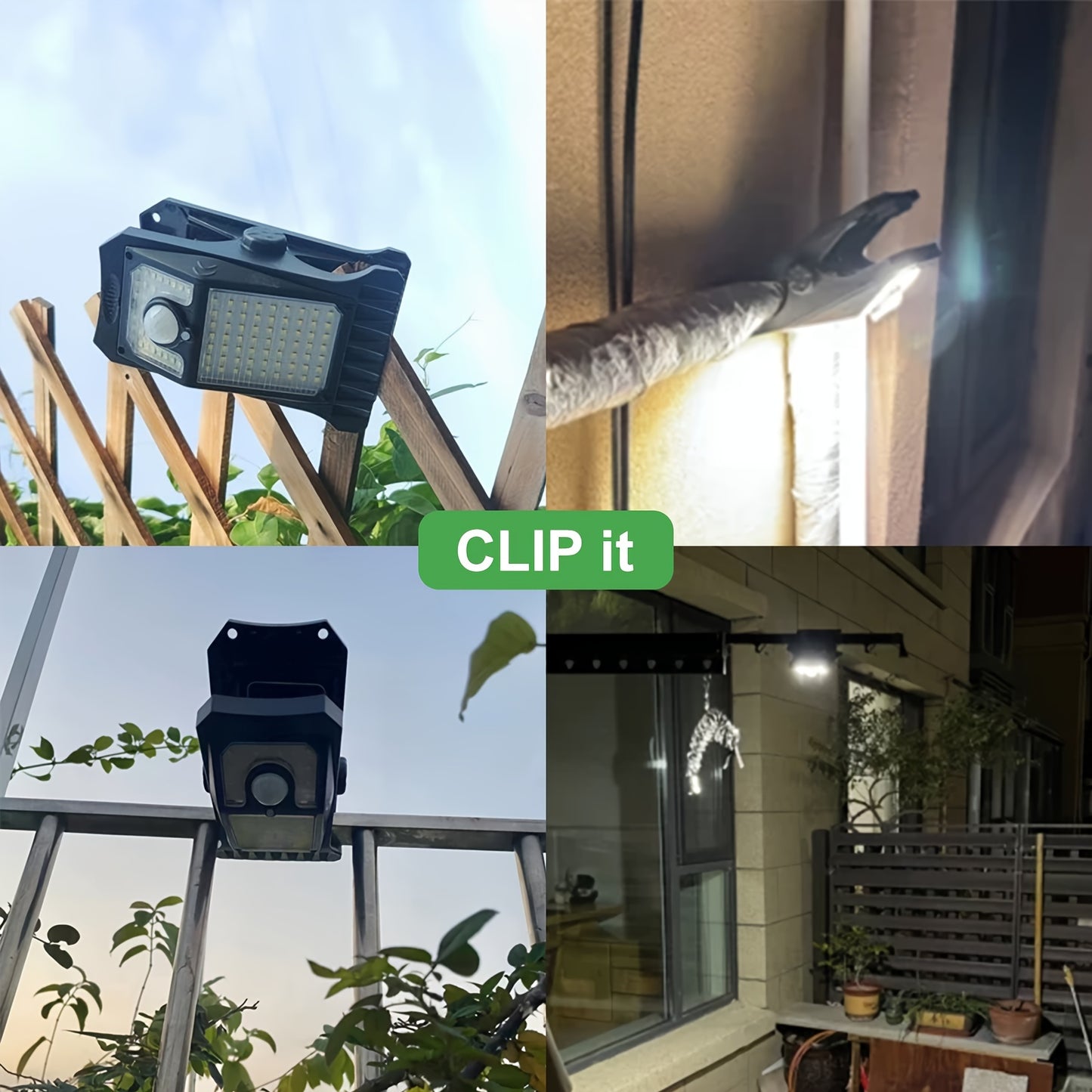 Tryme 90LEDs Solar Lights Outdoor Clip Motion Sensor Lights 3 Modes 3 Mounting Ways Security Light For Chain Link Fence Camping Gate (2 Pack)