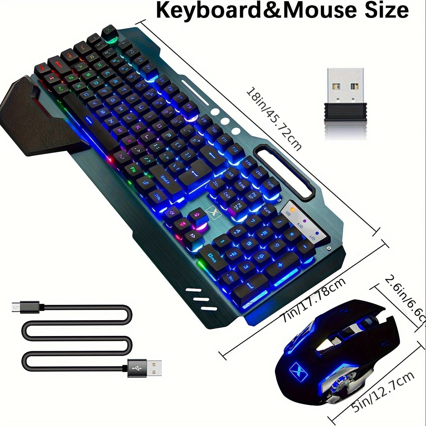 FreeWolf Wireless Keyboard and Mouse, Rainbow LED Backlit Rechargeable Keyboard Mouse with 3800mAh Battery Metal Panel, Removable Hand Rest Mechanical Feel Keyboard and 7 Color Gaming Mute Mouse for PC Gamers