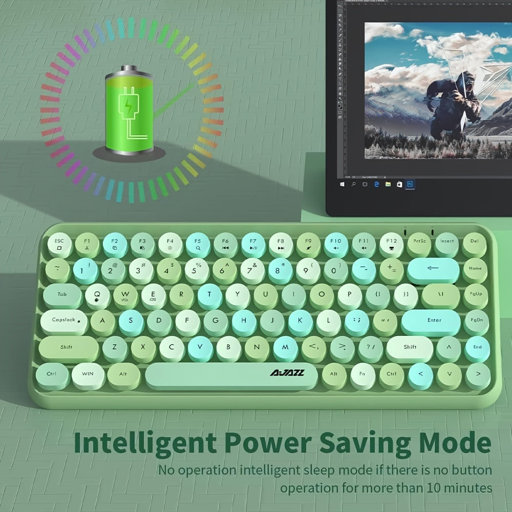 AJAZZ NACODEX 84 Keys Pink Wireless Keyboard With Cute Retro Round Keycaps, Comfortable Ergonomic Typewriter Keyboard Compatible With Android Windows IOS Suitable For Home And Office Keyboards