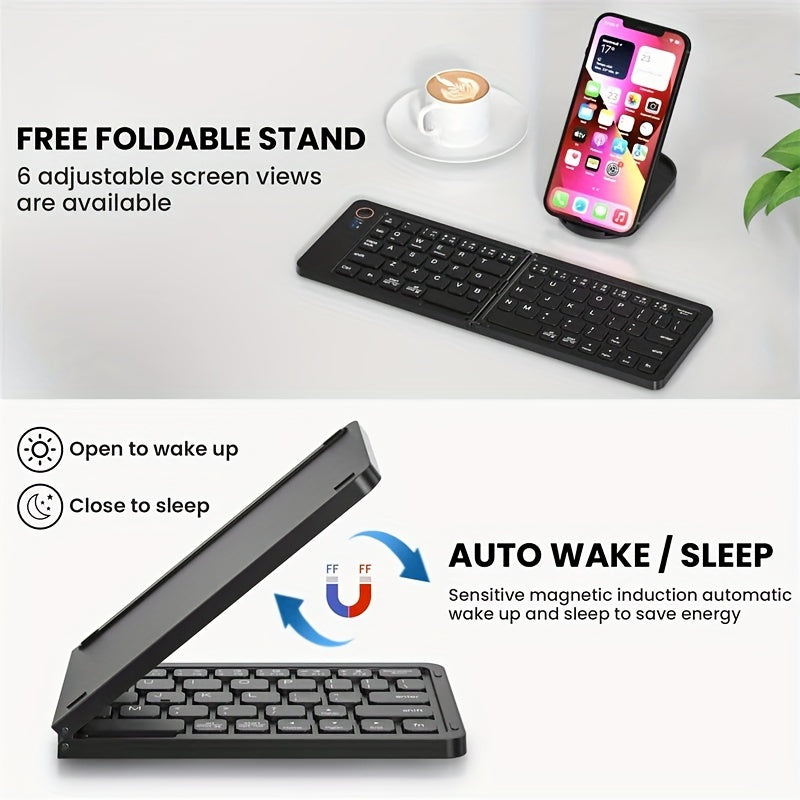 Ambidextrous Rechargeable Foldable Wireless Keyboard - Compatible with Windows & Android OS Tablets, USB-C Charging, Lithium Polymer Battery - No Charger Included