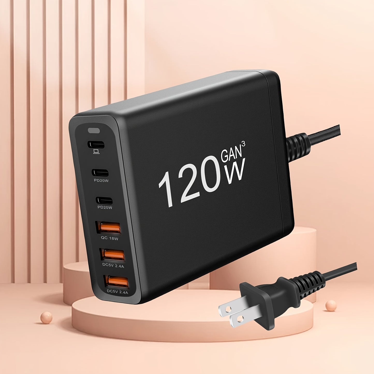 6-Port Compact PD Fast Charger - High-Speed Laptop Power Adapter with Foldable Design, 5Ft AC Extension Cord, and Multi-Device Compatibility for MacBook Pro/Air, iPad Pro, iPhone 14/13/12, Galaxy Note20, S22, Pixel, and More