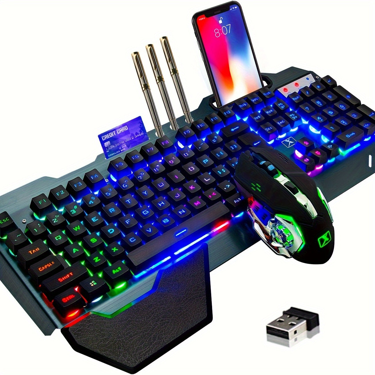 FreeWolf Wireless Keyboard and Mouse, Rainbow LED Backlit Rechargeable Keyboard Mouse with 3800mAh Battery Metal Panel, Removable Hand Rest Mechanical Feel Keyboard and 7 Color Gaming Mute Mouse for PC Gamers