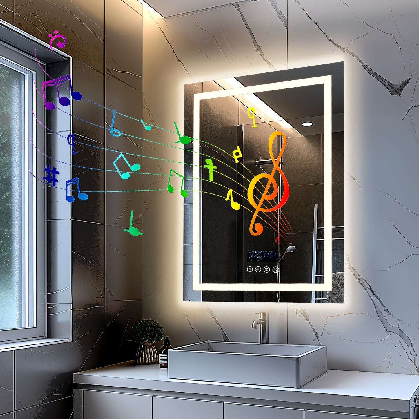 28" X 36" LED Lighted Bathroom Mirror Lighted Bathroom Music Mirror With Dual LED Light Strips Smart Wall Vanity Mirror, Front-lit, Dimming, Date And Time